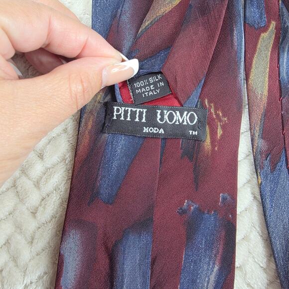 Pitti Uomo Silk Abstract Tie Mens Burgundy Blue Painterly Made in Italy Retro - Picture 2 of 4